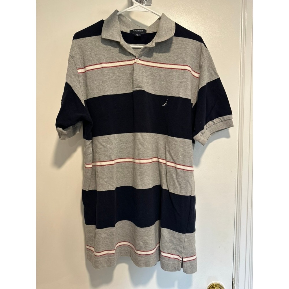 VTG Nautica Pique Preppy Striped Polo Shirt Sz:L Grey Navy Blue Streetwear
